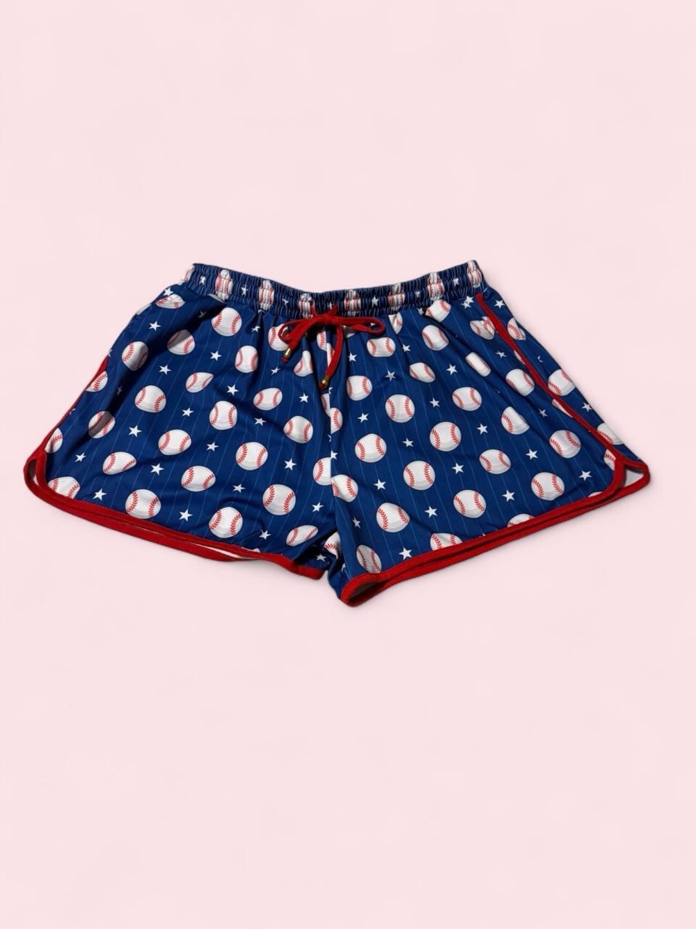 Women’s Navy Baseball-Print Athletic Shorts with Red Trim